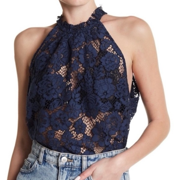 SOLD-Free People Navy Blue Halter High Neck Sleeveless Floral Mesh Crochet Lace - Picture 3 of 12